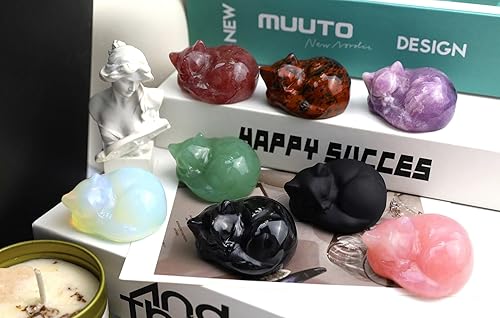 Miniatura 6 de QINJIEJIE Decoración de cristales de gato de lepidolita, estatua de gato dormido, piedra curativa, decoración de piedra curativa, regalo tallado de
