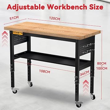 120cm Adjustable Workbench, 5-Position Height Heavy Duty Work Bench with Solid Rubberwood Top, Pegboard & 6 Hooks, 900KG Load Capacity, Rolling 2-Tier Work Table for Garage, Workshop, Office
