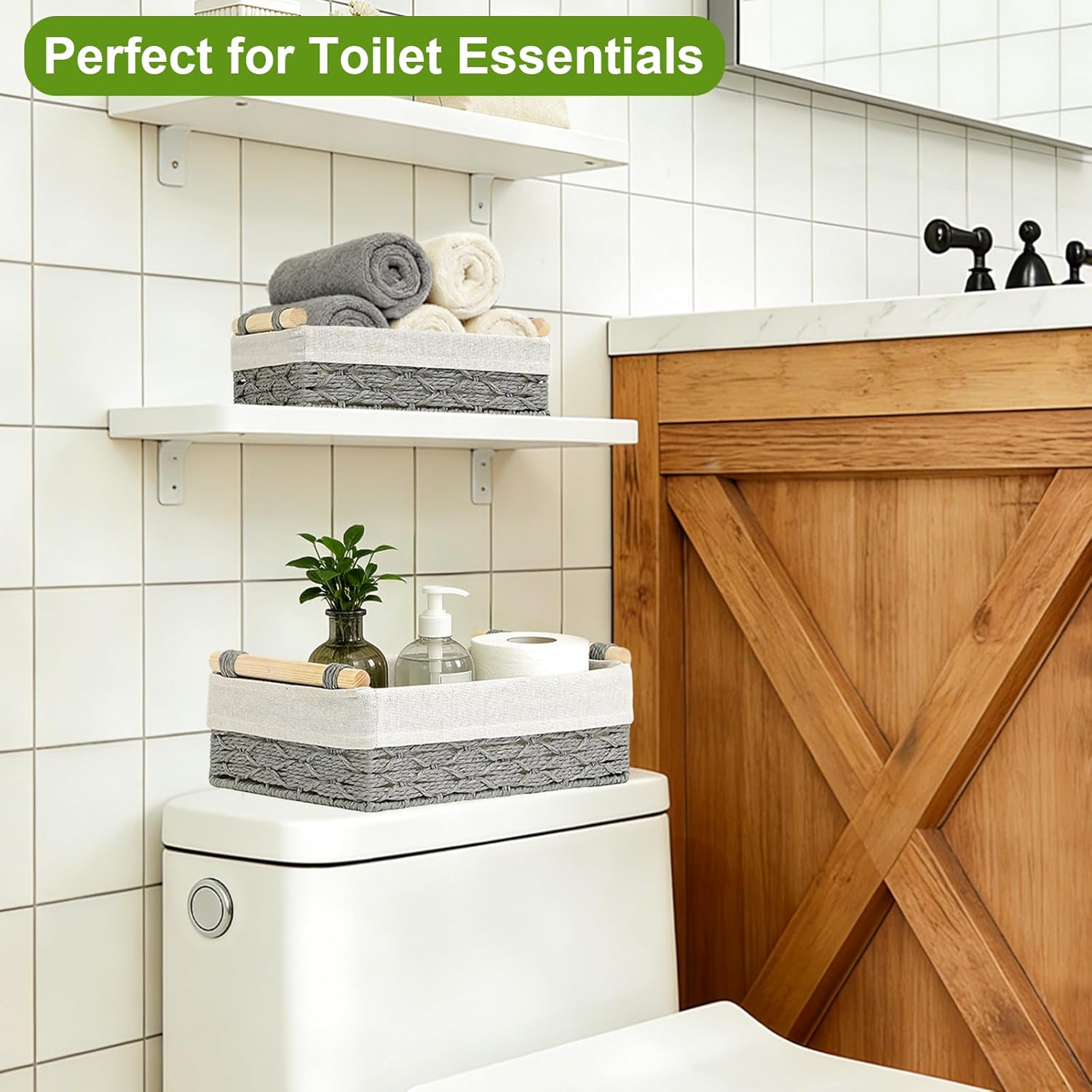 Dustproof Toothbrush Holder with Cover & Set of 2 Woven Toilet Paper Storage Basket