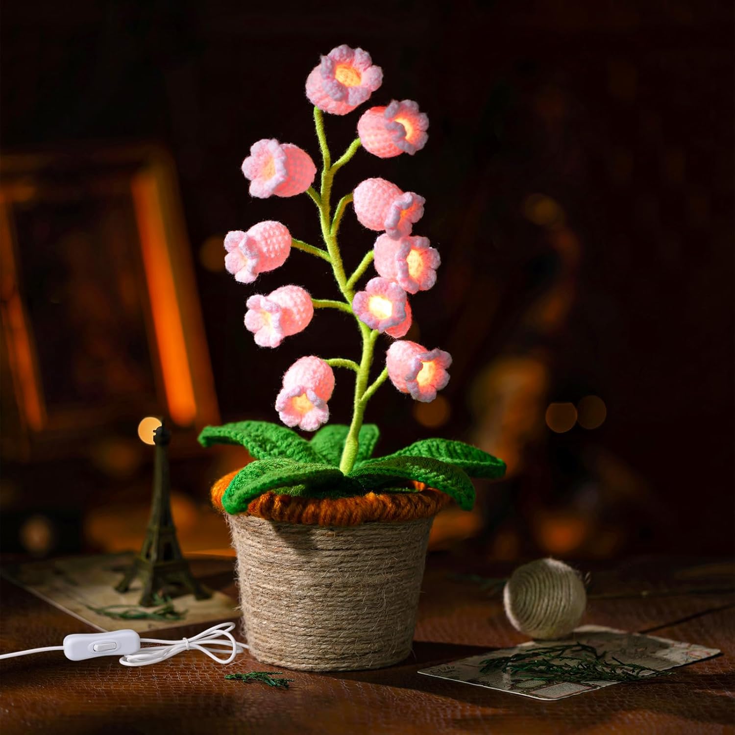 Lily of The Valley Lamp, Pink Crochet Artificial Flowers with Night Lights, Table Lamp with USB Port -Birthday Gifts for Women,Cozy Home Decor Mothers Day Gifts