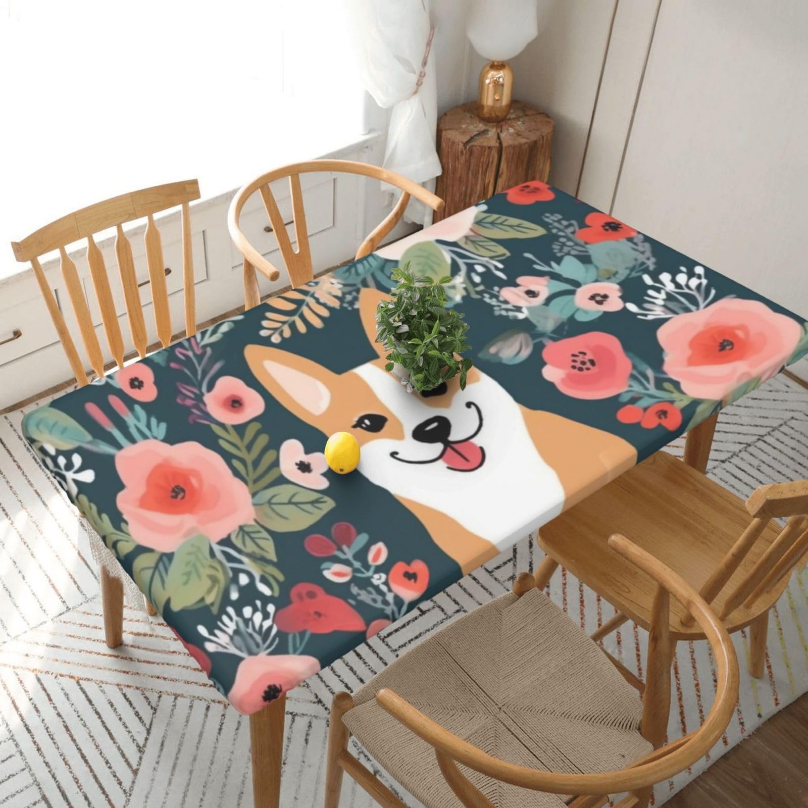 WPKJU Corgi Floral Flowers Printed Tablecloths 5ft Rectangular Table Covers Washable Polyester Decorative Table Cloth for Dining Table Picnic Wedding