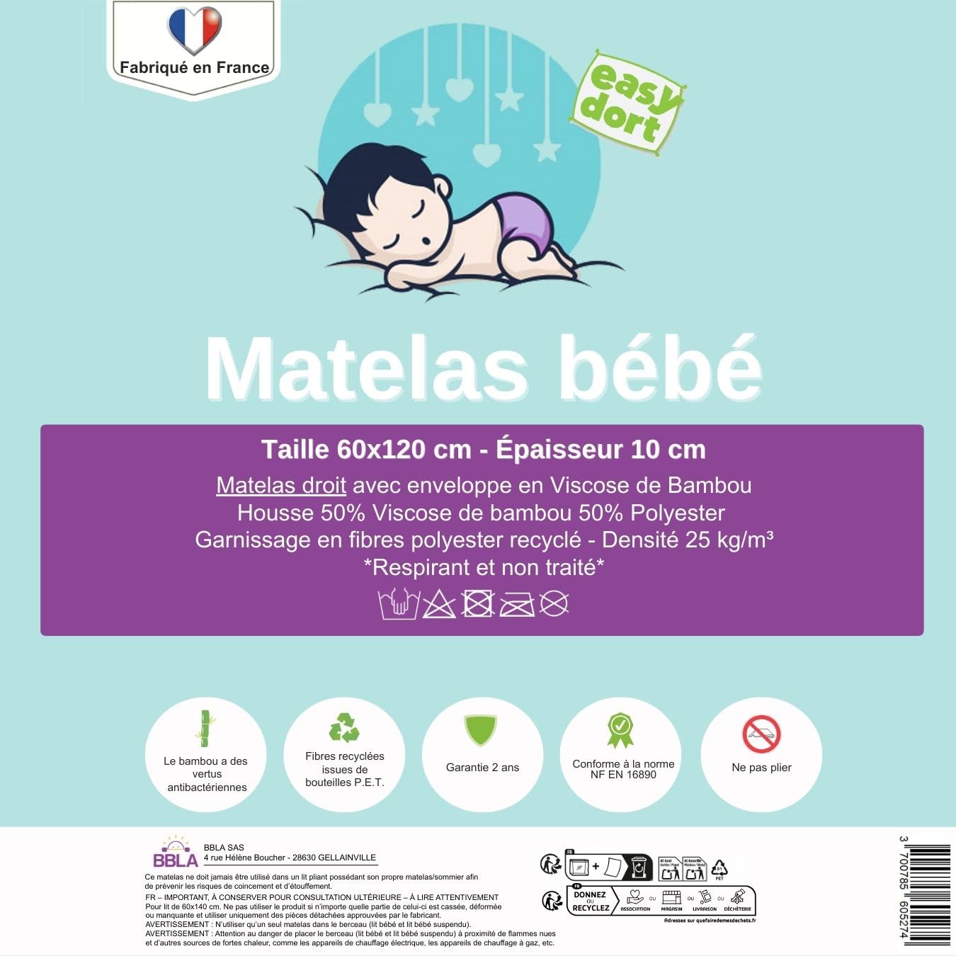 Easy Dort Materac dziecięcy 60x120 cm do łóżka bambusowego parasola wiskozowego lato i zima grubość 10 cm dwustronna wyprodukowano we Francji