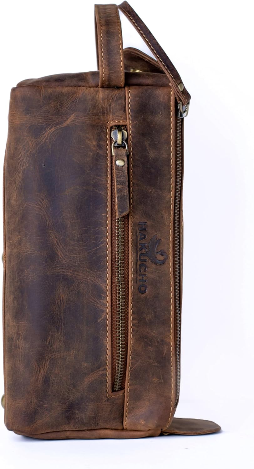 Walton Buffalo Leather Toiletry Bag for Travel, Tan Brown