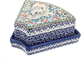 Blue Rose Polish Pottery - Blue Garden of Eden Cheese Dish with Mouse - 6" x 8" - Ceramic Covered Cheese Plate, Decorative Kitchen & Tableware