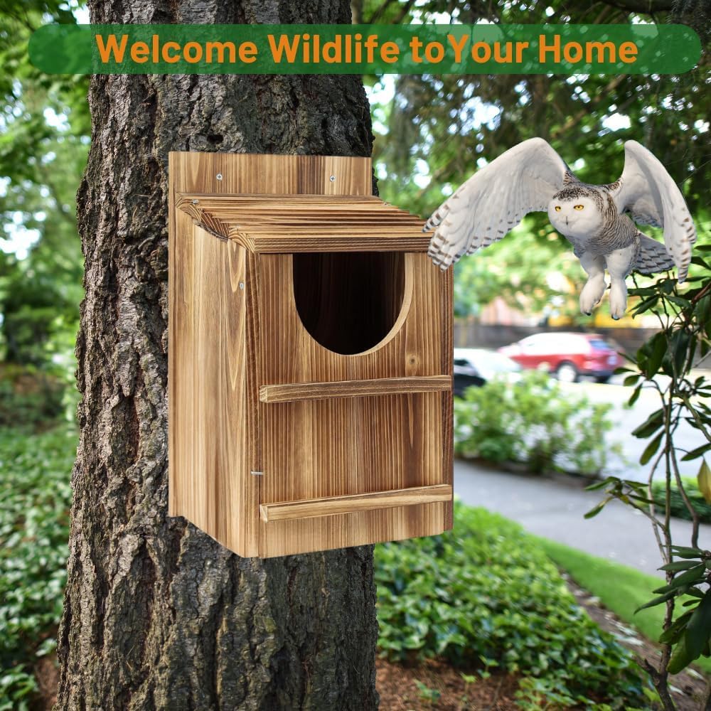Screech - Caja nido de búho, entrada circular de madera hecha a mano de primera calidad, accesorios de montaje y virutas incluidas, montaje rápido para hábitats al aire libre (marrón, 9 x 14.5