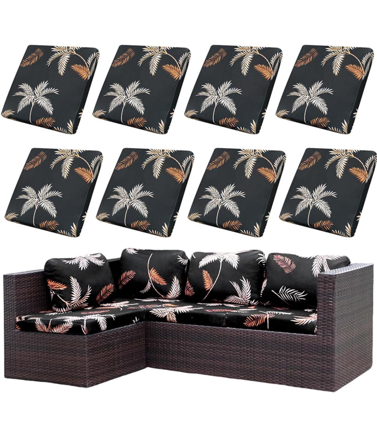 Hiseng Patio Cushion Covers Outdoor, 8 PCS Stretch Rattan Replacement Slipcovers for Garden Sofa & Couch, Printed Washable Individual Sofa Seat Cover with Elastic Band