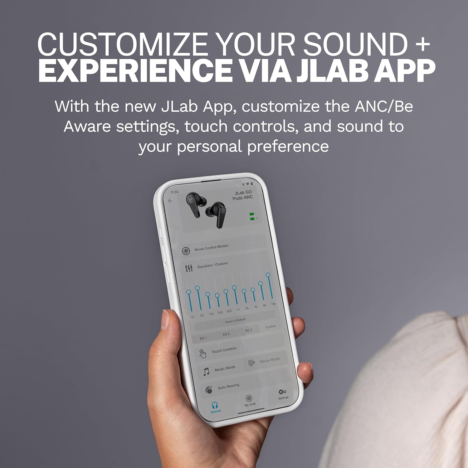 JLab Go Pods ANC True Wireless Bluetooth Earbuds & Charging Case, Hybrid Active Noise canceling + Be Aware for Safe Listening, 26+ Hours Total Playtime, Clear Calls, Custom Sound via App, Cloud White - Image 5