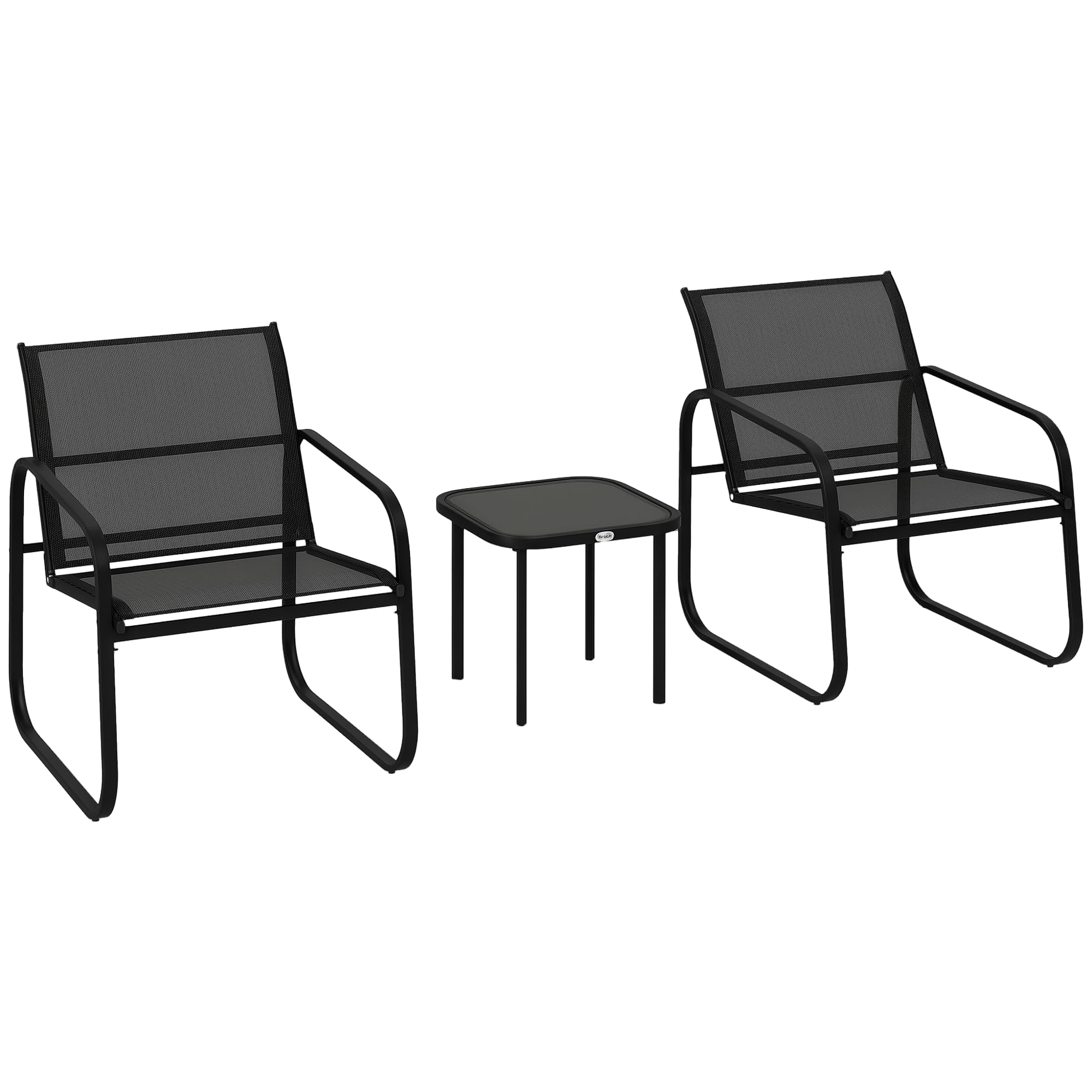 Outsunny Set bistrot da giardino 3 pezzi, set di mobili da giardino per 2 persone con 2 sedie in rete e tavolino in vetro temperato, mobili da giardino, terrazza, balcone, veranda, nero