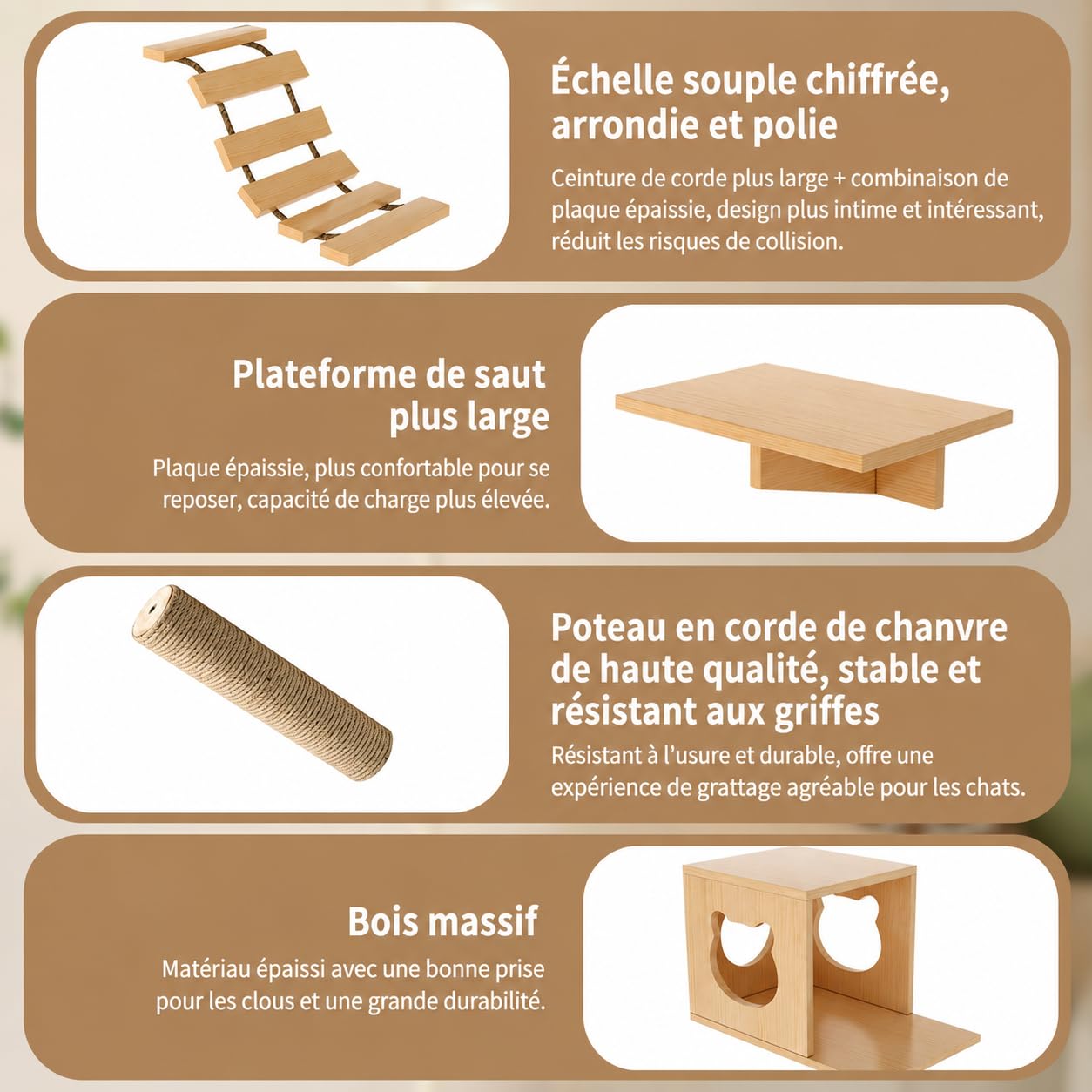 Étagères Murales pour Chat, Ensemble de Meubles Muraux en Bois avec Maison pour Chat, Plateformes d’Escalade, Escaliers, Pont Suspendu et Poteaux en Sisal, Arbre à Chat Mural Gain de Place