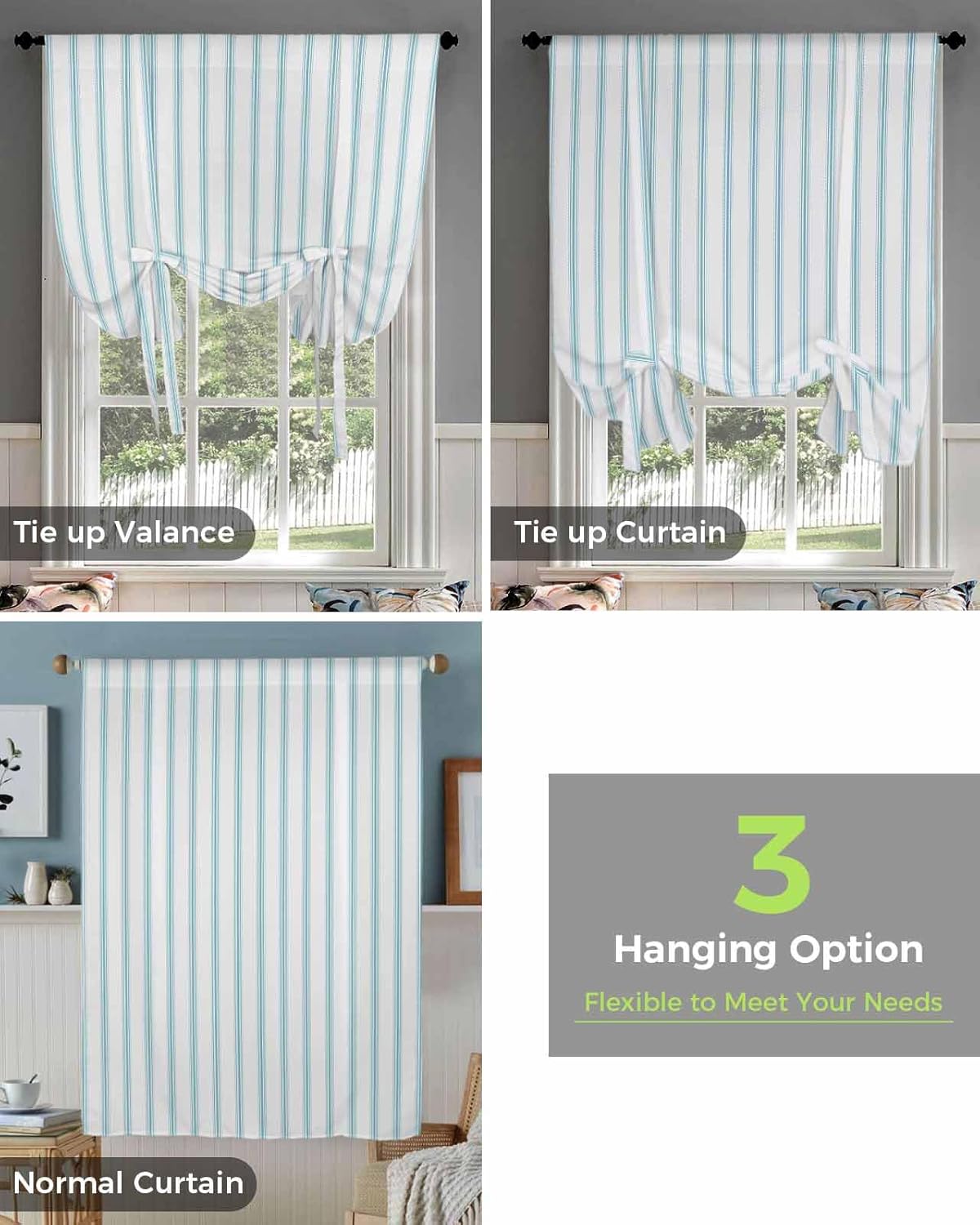Bluish Green Stripes Tie Up Curtains for Kitchen Bathroom Bedroom Windows 63 Inch Length, Geometric Vertical Linens Modern Minimalism Balloon Drape Curtains Shade Rod Pocket Curtain Panel, 46"x63"