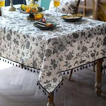 SUTAVIA Boho Cotton Linen Tablecloth Bohemian Black Floral Beige Fabric Tassel Lace Farmhouse Table Top Dust-Proof for Home Kitchen Holiday Party Dining TableBlack Flower, Rectangle, 60"x84"