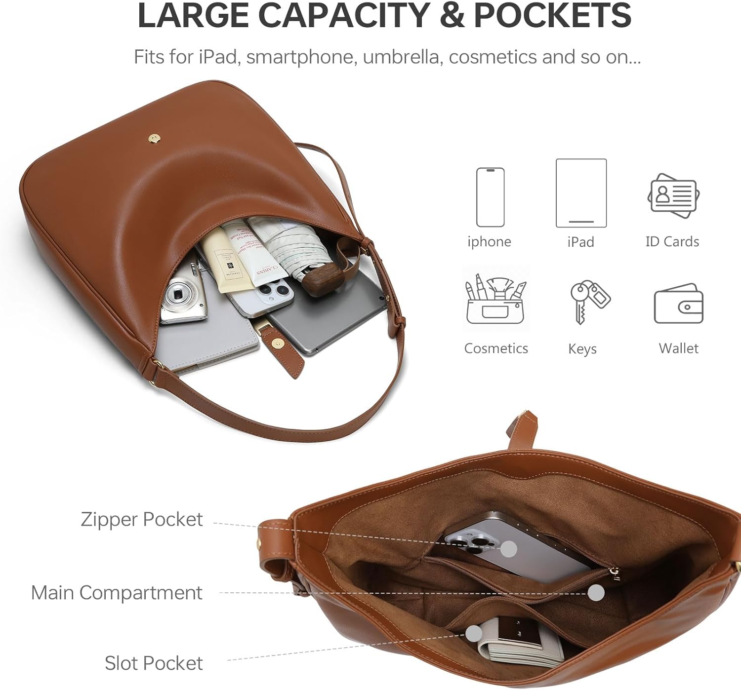 LA FESTIN Genuine Leather Hobo Bags for Women, Real Leather Tote Handbag Shoulder Satchel Purse for Dating - Image 3