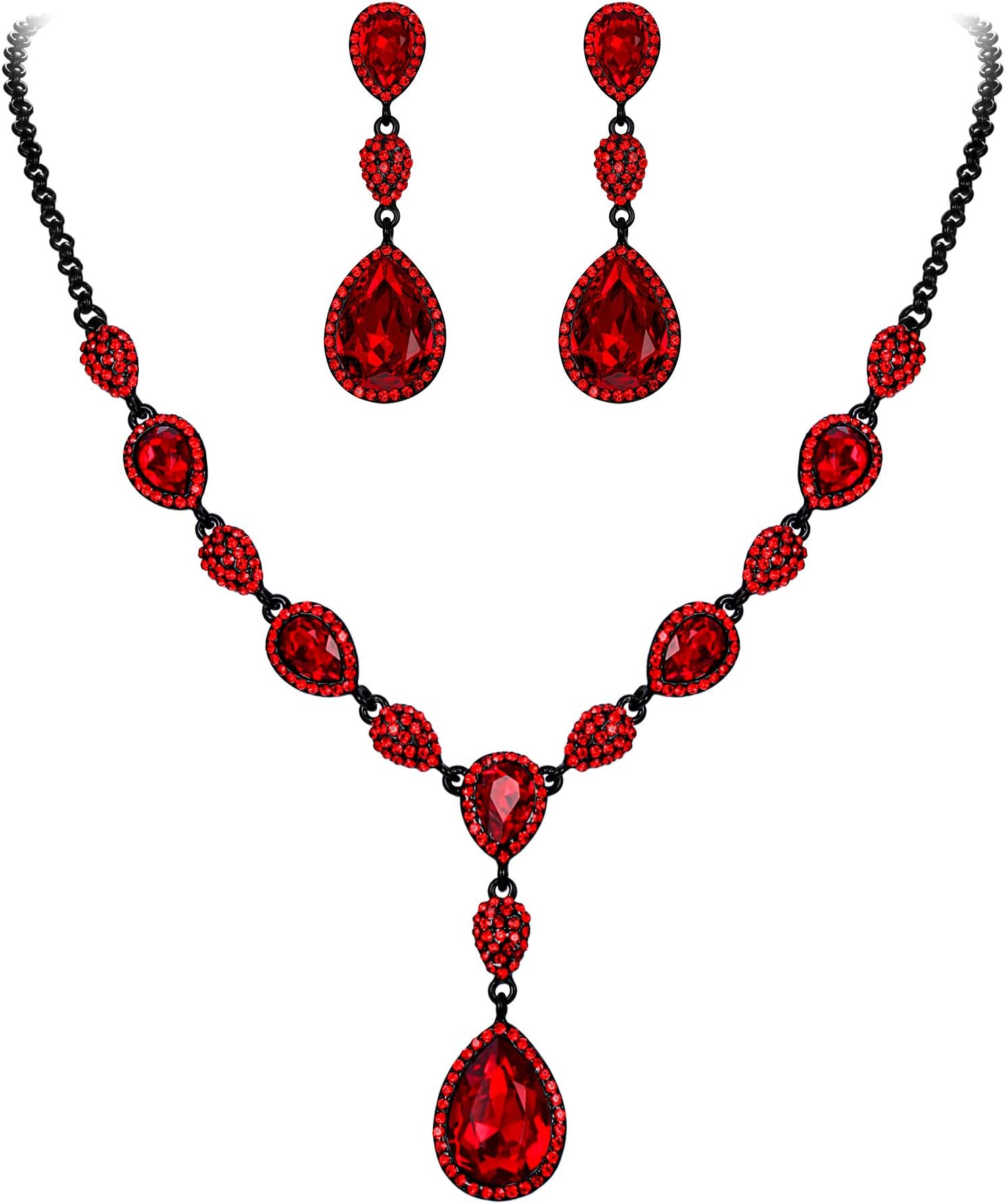 EleQueen Women's Cubic Zirconia Teardrop Y-Necklaces Dangle Earrings Jewelry Sets for Brides Bridesmaids, Metal crystal Cubic Zirconia, Cubic Zirconia