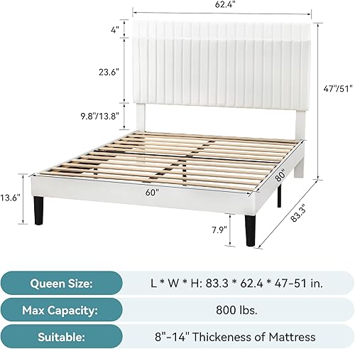Miniatura 16 de HOOMIC Base de cama de plataforma de tamaño matrimonial, cama tapizada de terciopelo moderno con cabecera capitoné de canal vertical ajustable,