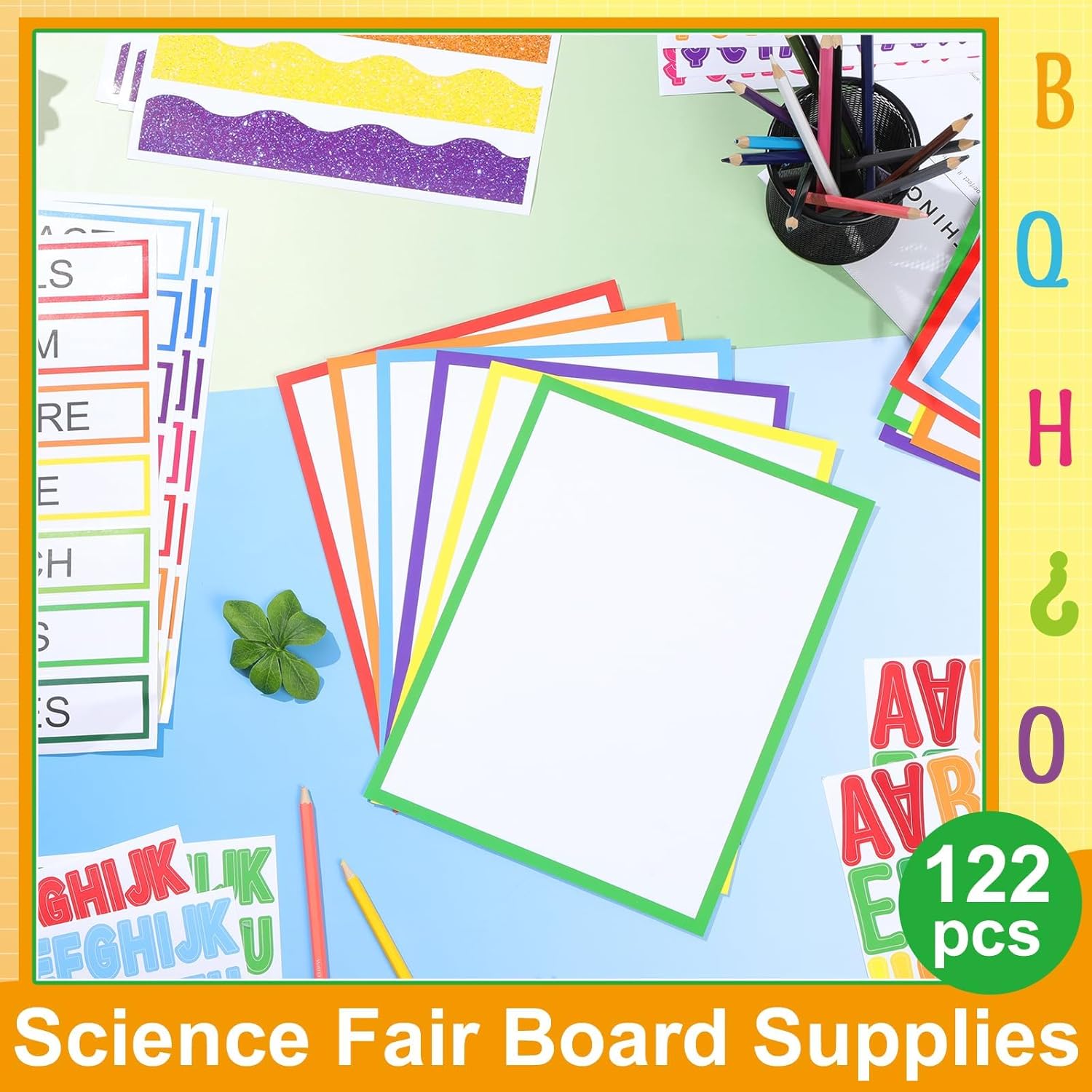 122 Pcs Science Fair Board Supplies 72 Glitter Colorful Pencil Trim Scalloped Borders 36 Presentation Board Subtitle 6 Self Adhesive Project Title 8 Letter Sticker for Classroom Office Decor(Colorful)