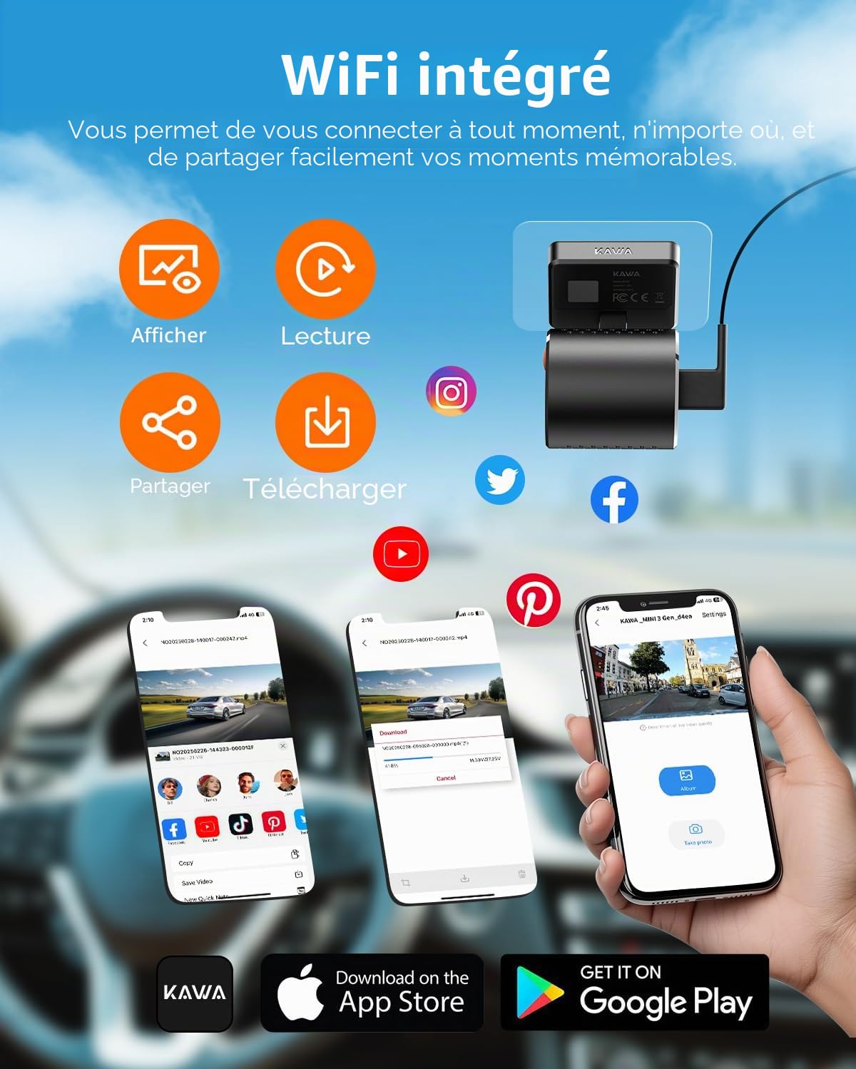 KAWA Mini Dashcam 2K,Commande Vocale,Caméra de Voiture WiFi | 1296P QHD,G-Capteur,Carte TF 32Go incluse,Contrôle App,WDR/3D DNR,Vision Nocturne,Mode Parking 24H