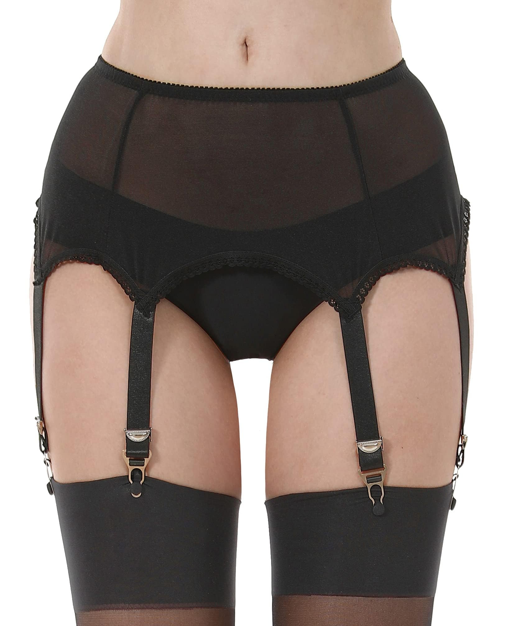 Klonkee Women's Black Mesh Garter Belt Mesh Suspender Belt Sexy Thigh-High Stocking Garter Belt With 6 Wide Straps Metal Clip For (Black,Large)