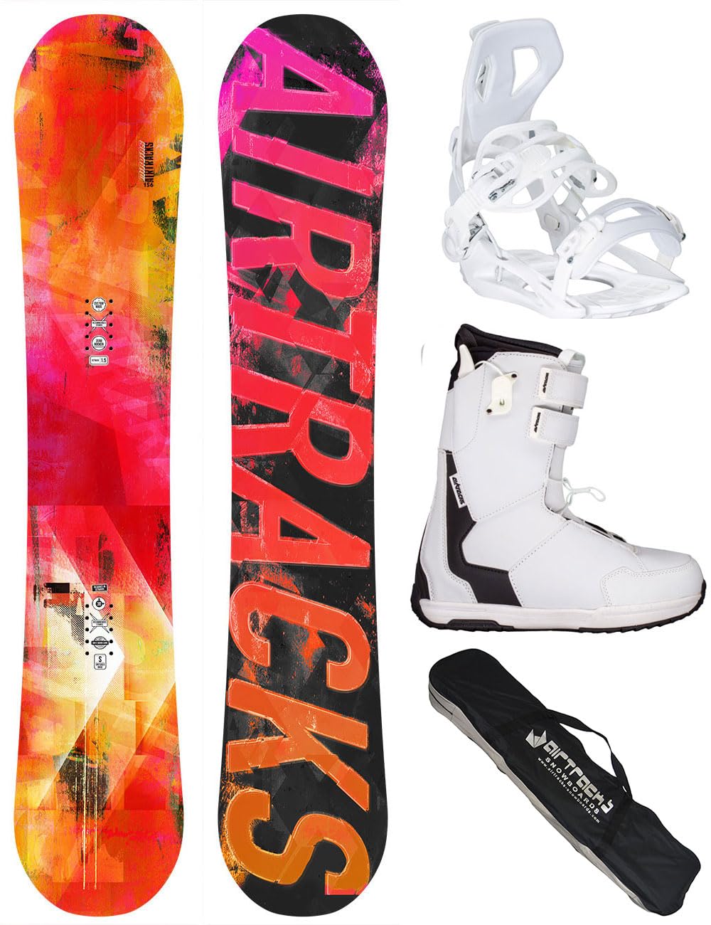 AIRTRACKS Snowboard Set Pack Planche Morioirs Zero Rocker + Fixations Master W + Chaussures + SB Sac 144 147 150 156 cm