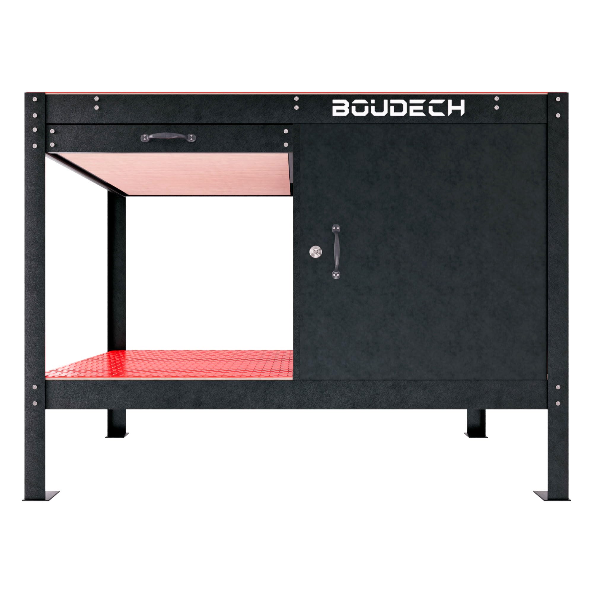 BOUDECH® MANNY - Banco da Lavoro 120x60 cm con Cassetto Porta Utensili 1 Anta e 1 Ripiano Aperto in Metallo Nero