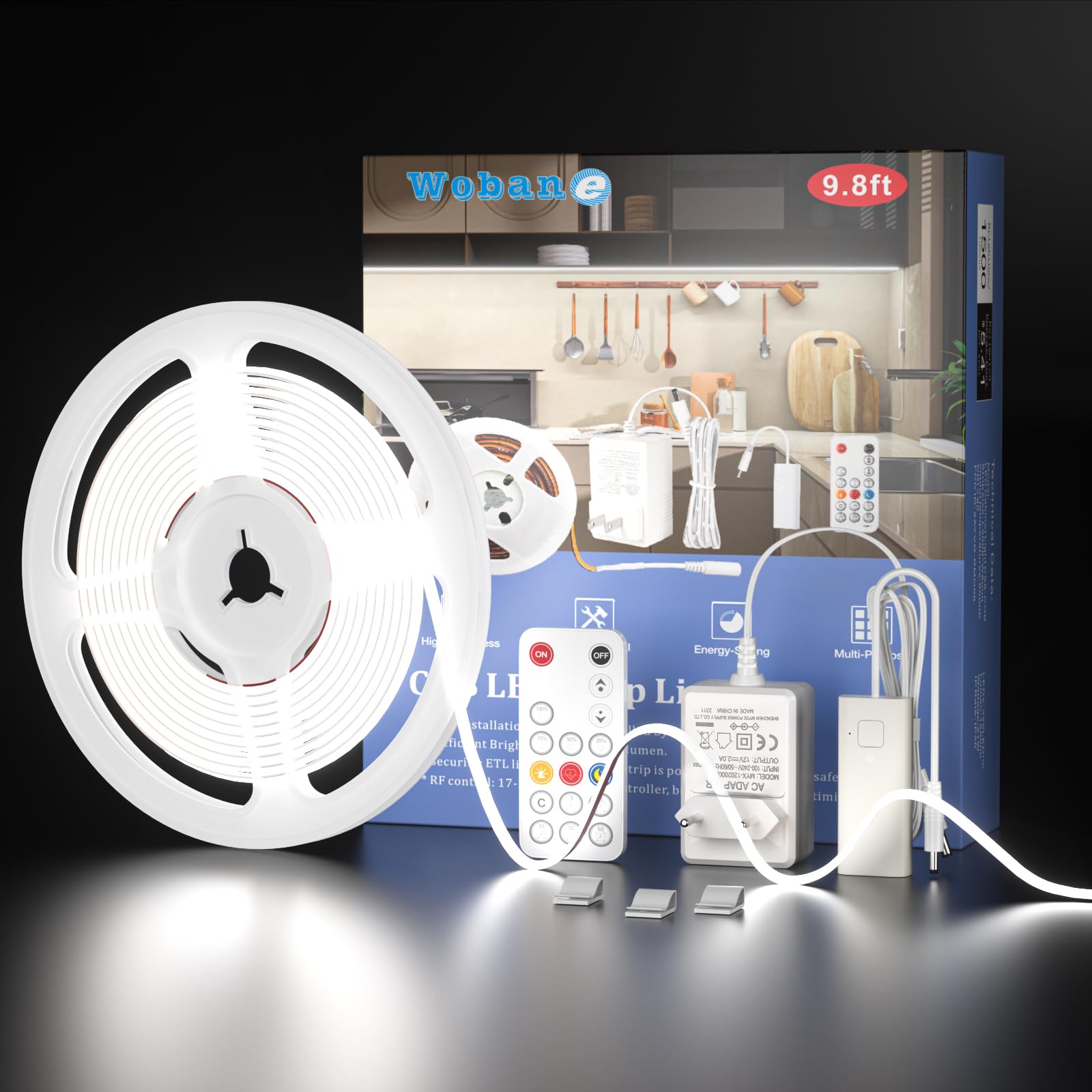 WOBANE Striscia Led COB 3 Metri 12V, Strisce Led Adesive con Telecomando Dimmerabile, CRI90+, Striscia Led Alta Luminosità con Spina per Cucina Sottopensile,Armadietti,Vetrine, Bianco Freddo 6000K