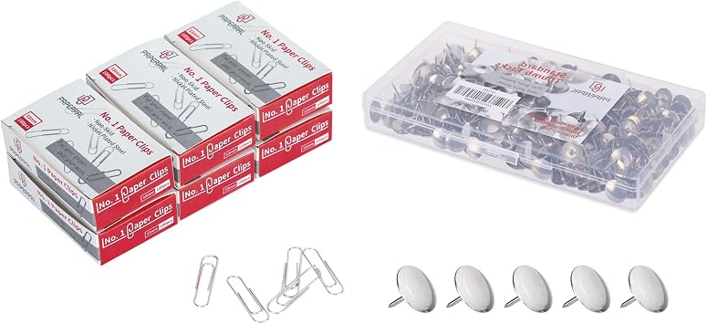 PAPERPAL Value Pack #1 Nonskid Paper Clips 600 + Standard Thumbtacks with Container 500