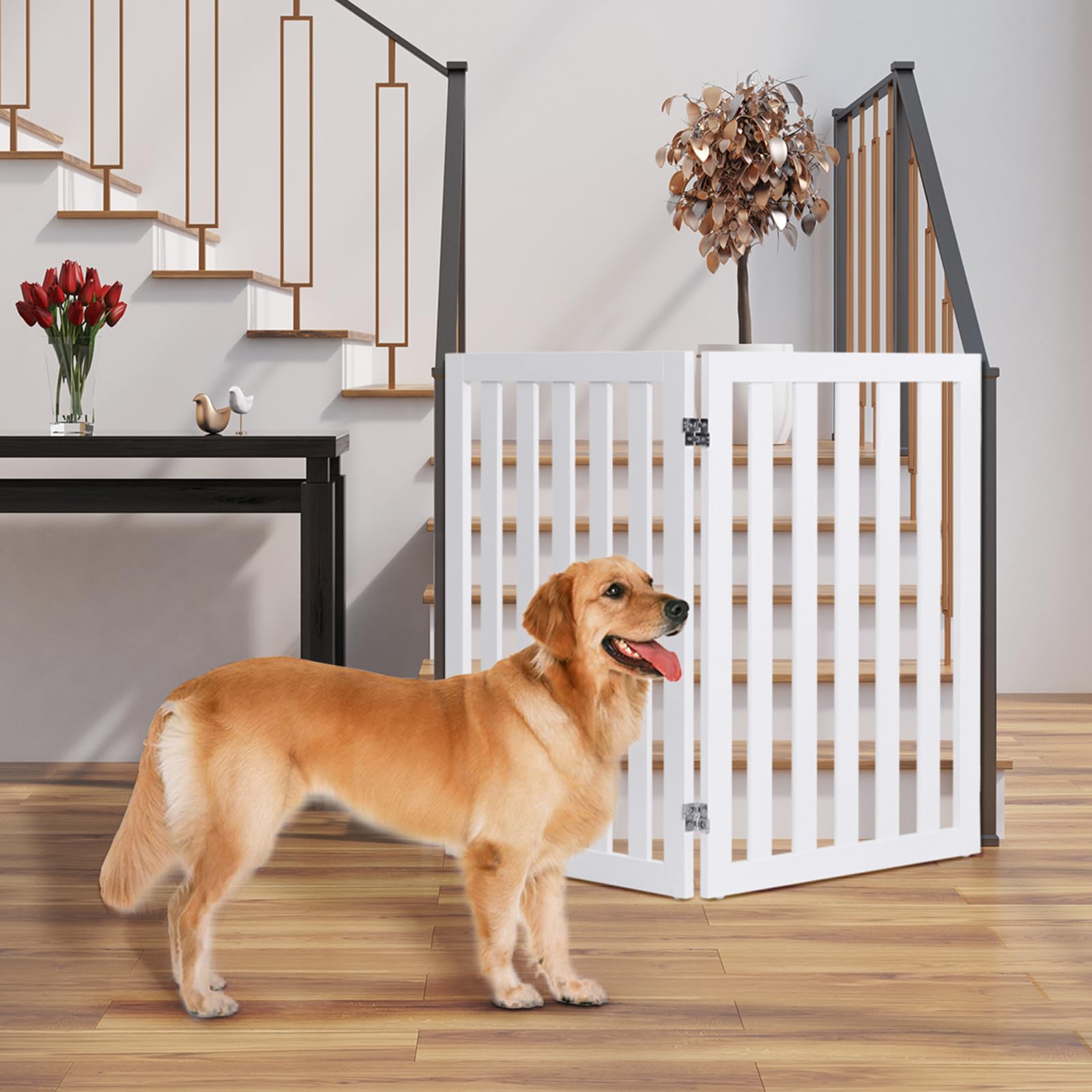 COSTWAY Cancelletto per Cani Pieghevole in Legno con 2 Ante, Ideale per Scale, Soggiorno e Cucina, 89 x 101 cm, Bianco
