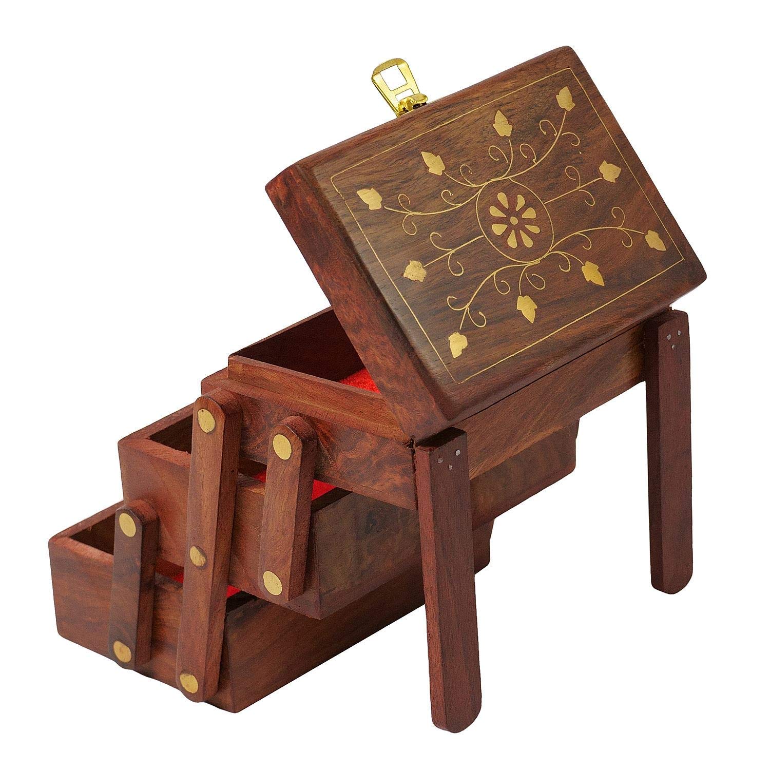 MANGDAI24 Wooden Jewellery Box, 3 steps Jewellery Boxes, Jewellery Organizer, Storage Box for Women, Earring Boxes for Storage, Size: 5 x 3.5 x 5 Inch, Brown, 1 Piece