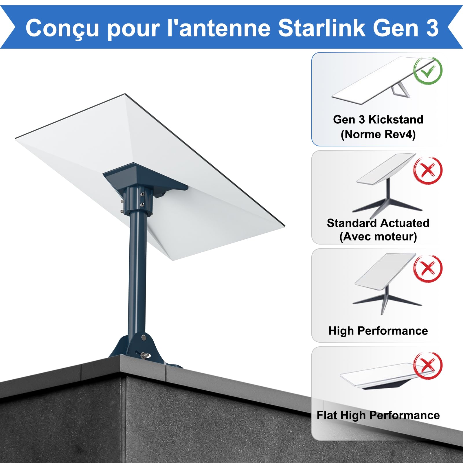 Support de Montage Gen 3/4/4X pour Starlink en Alliage d'Aluminium, Tube Pivot en Acier Renforcé de 40 cm avec Kit de Base Réglable, Compatible avec l'Antenne Standard V3 Starlink pour Toit