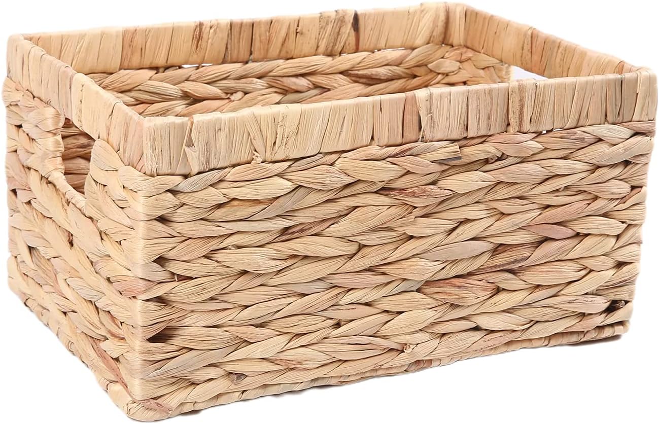 Rectangular Woven Water Hyacinth Storage Baskets with inside Handle for Shelves Bathroom Kitchen Office Desk (Style A)
