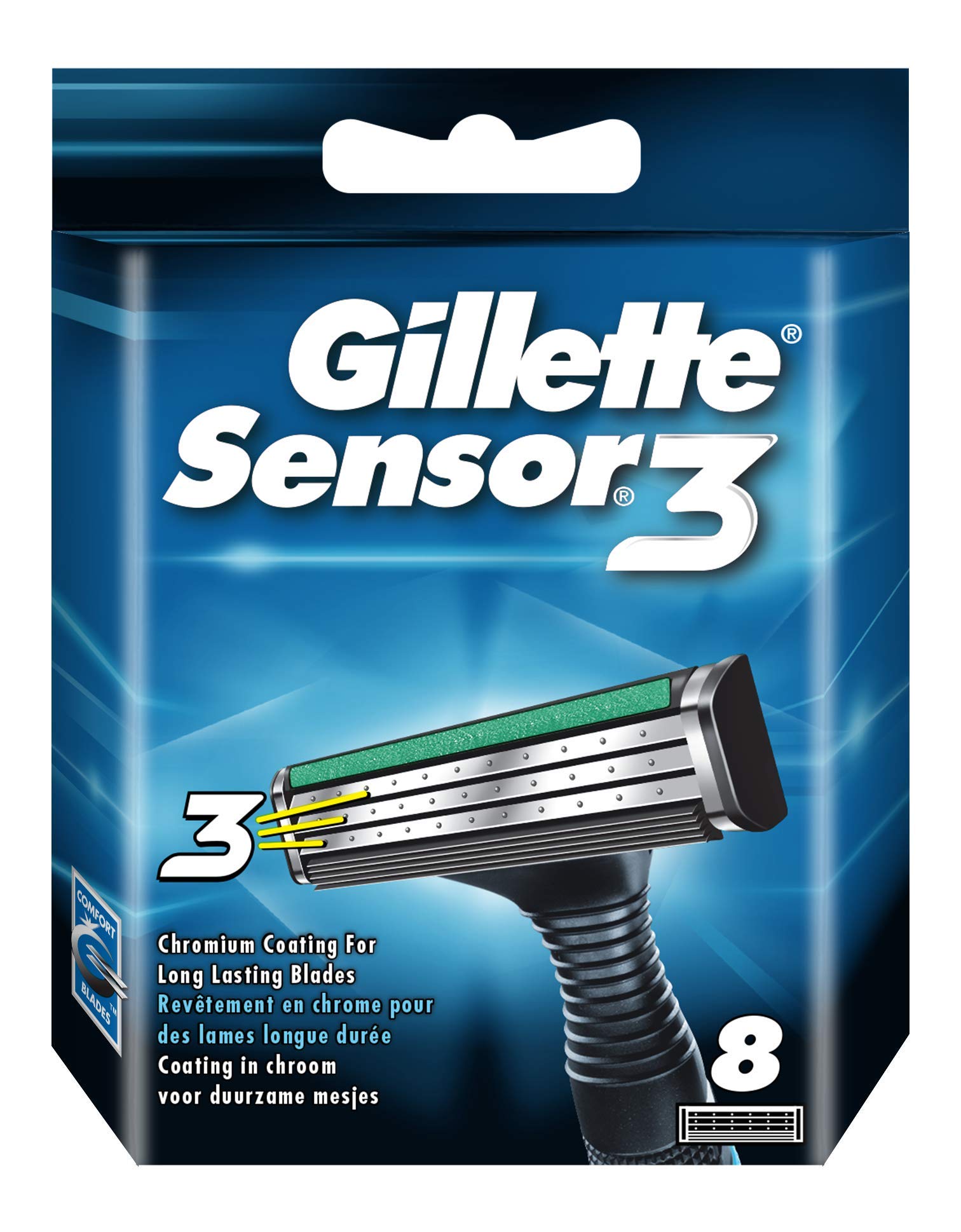 Gillette Sensor3, Confezione da 8 Lamette da Barba di Ricambio da 3 Lame, con Testina Snodabile, Rivestimento in Cromo per Lame che Durano a Lungo