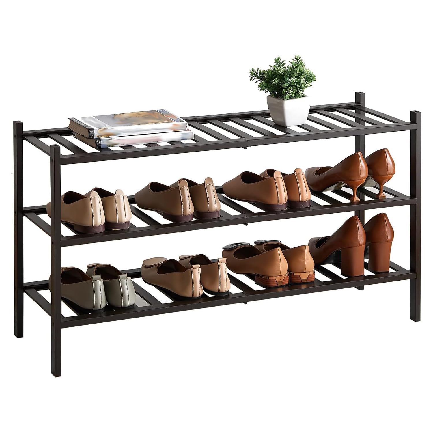 Furshus Long Shoe Rack, 3-Tier Bamboo Stackable Shoe Shelf Storage Organizer, Shoe Stand for Closet, Entryway and Hallway