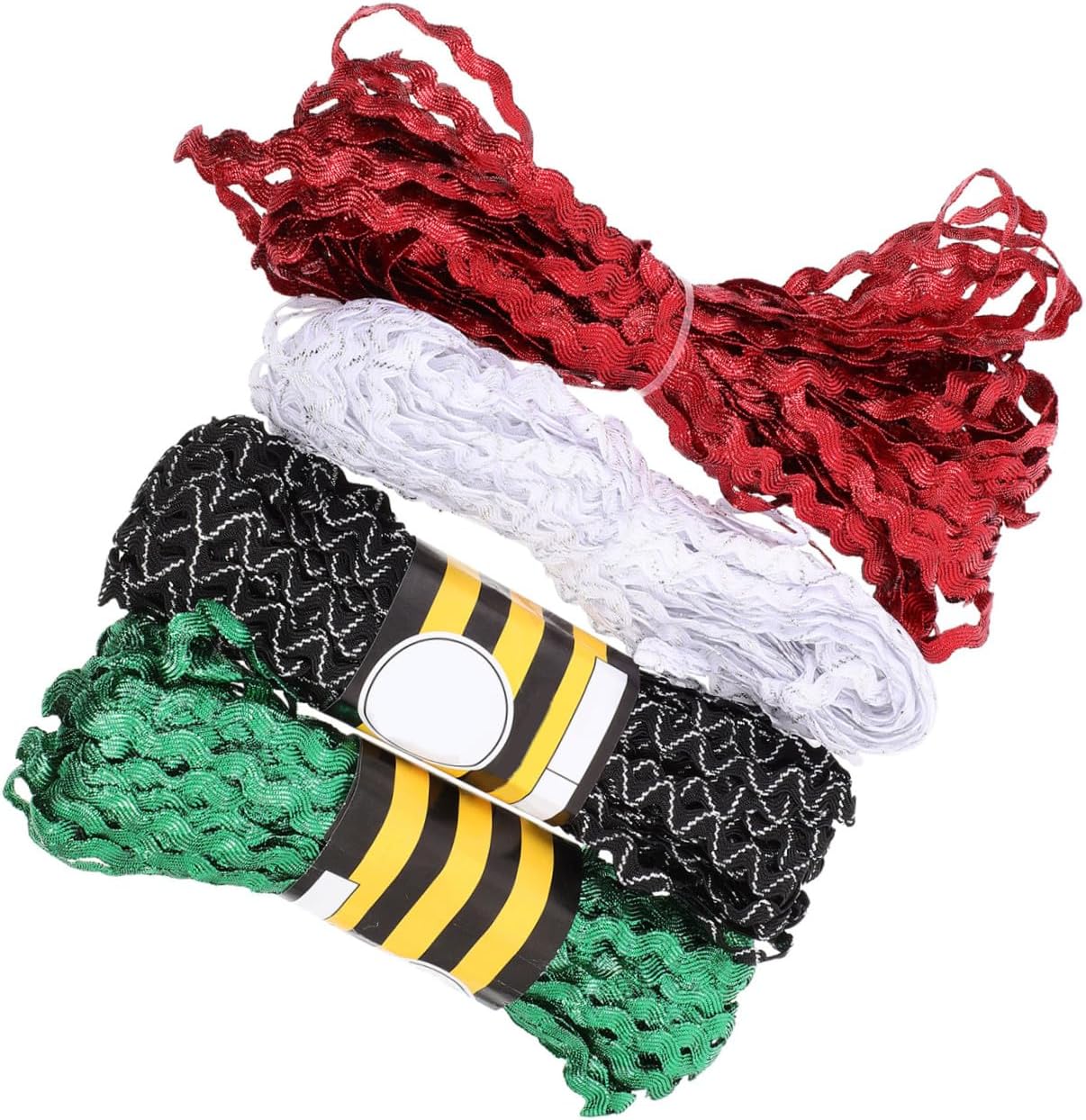4 Rolls 15-Yard Rickrack Ribbon for Flower Making Crafts, Wave Bending Sewing Trim Ribbon, Red Green White Black-White for DIY Dress Decoration