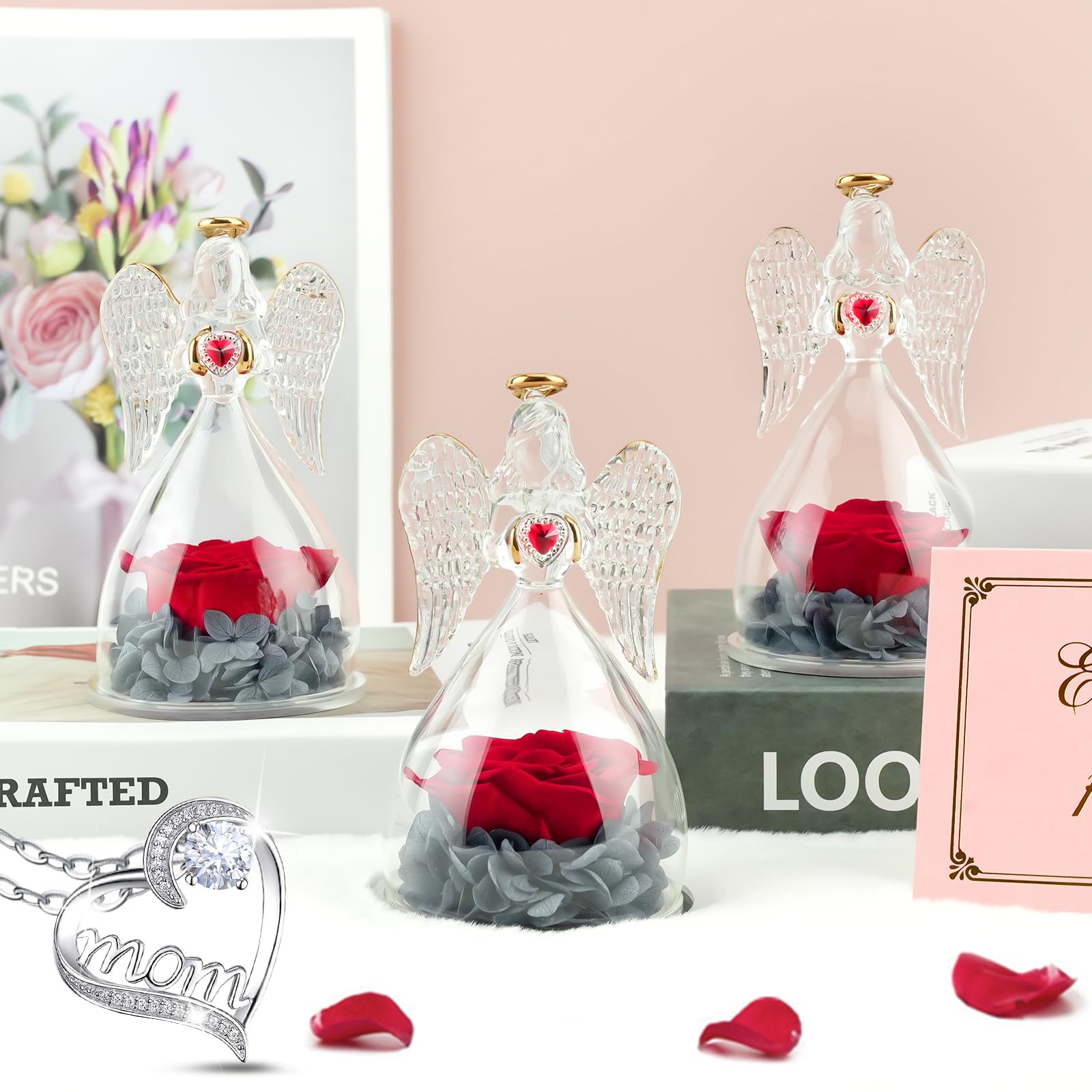 Miofula Regalos Dia de la Madre, Rosa Eterna con Collar Plata de Ley 925,Regalos Originales para Madres, Flores Preservadas Ángel Figura Regalo para Mujer Mama Abuela, Regalo Madre Cumpleaños Navidad