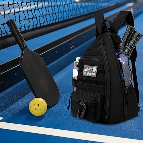 Vista 7 de Bandolera de Pickleball SunForMorning, Mochila Táctica de Pickleball para Mujeres y Hombres, Bolsa de Hombro Ajustable con Gancho para Valla y Negro