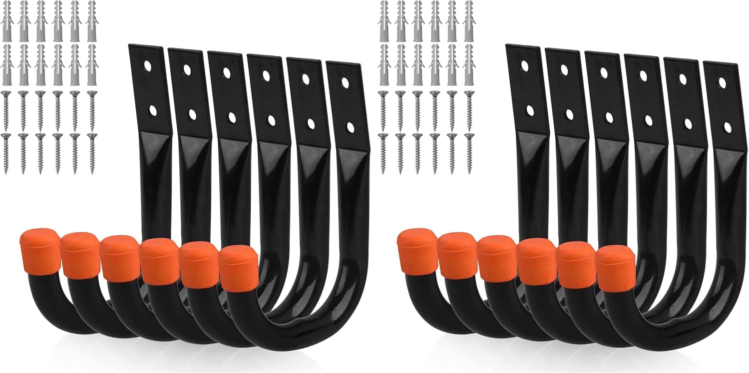 HORUSDY 12-Pack Heavy Duty Metal Wall Hooks, Large Garage Storage & Organization Hooks for Tools, Extension Cords, Ladders, and Bags, Wall Mount J Hooks for Indoor Outdoor Use, Black