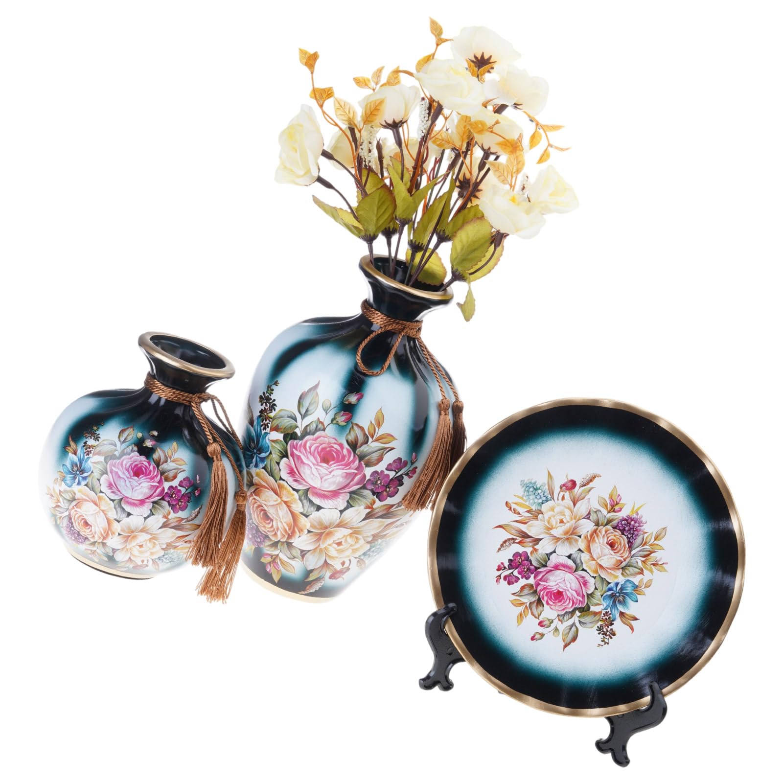 Set di 3 lussuosi vasi decorativi in ceramica con vassoio rotondo, eleganti decorazioni da tavolo per camera da letto e sala da pranzo, set di composizioni floreali in ceramica