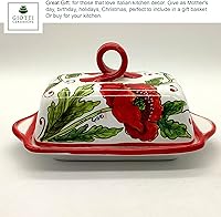 Vista 3 de Mantequillera de cerámica italiana con tapa Diseño de amapolas rojas - Mantequilla pintada a mano de 8 x 5 pies - Hecho en Italia Toscana - Soporte