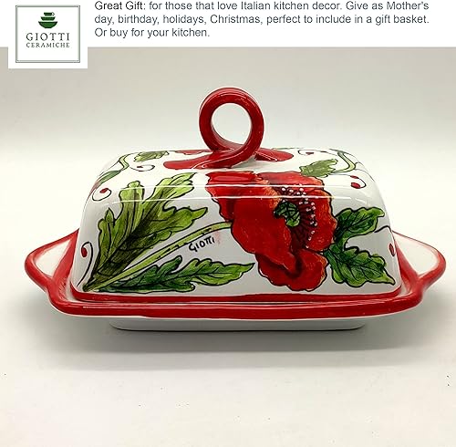 Miniatura 3 de Mantequillera de cerámica italiana con tapa Diseño de amapolas rojas - Mantequilla pintada a mano de 8 x 5 pies - Hecho en Italia Toscana - Soporte