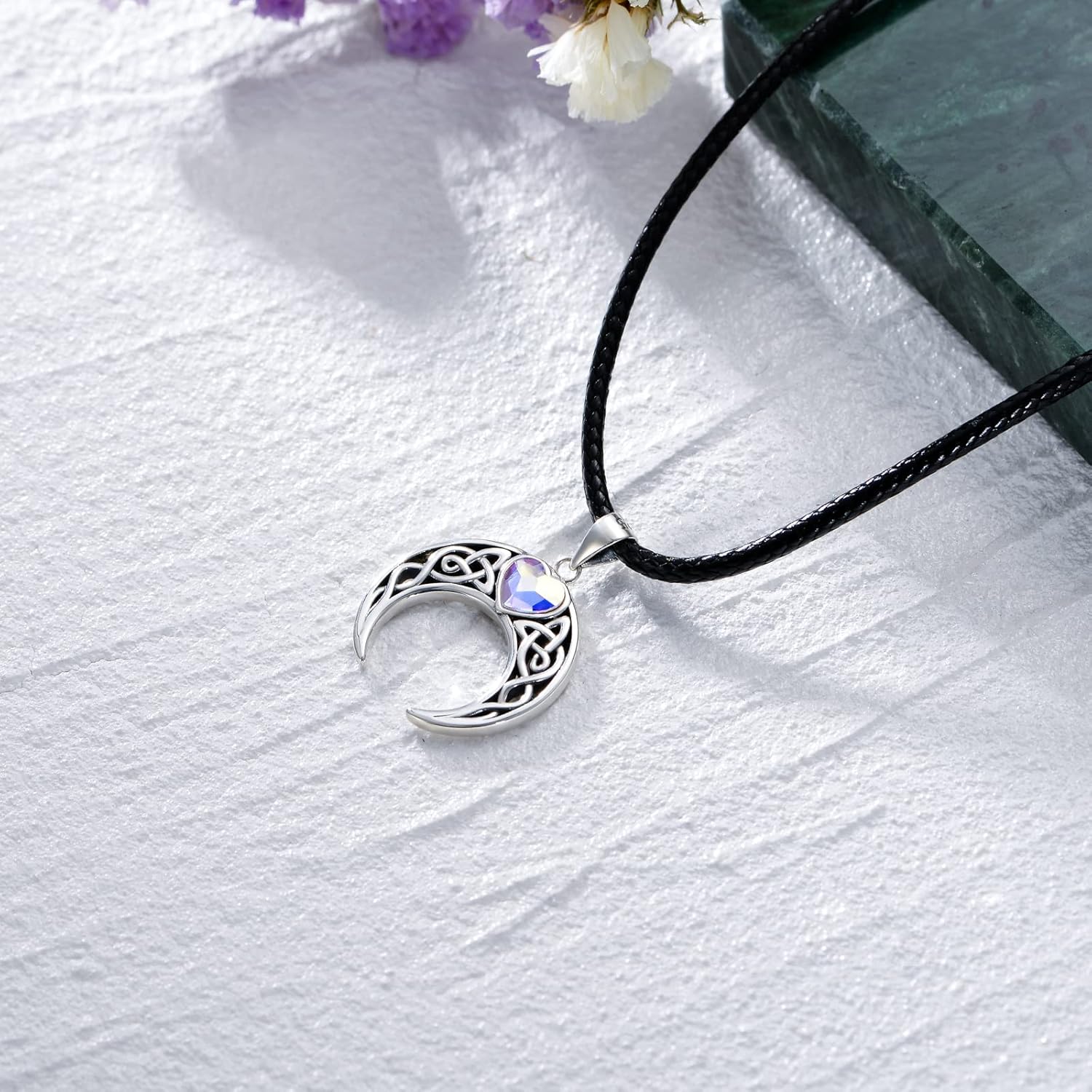 AOBOCO Leather Choker Necklace for Women 925 Sterling Silver Pendant with Crystal from Austria 16''