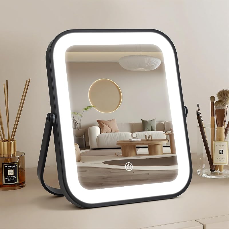 Espelho de maquiagem Bearolve com iluminação, 3 cores, ajuste de brilho e bateria de 1500 mAh, preto