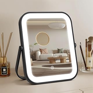 Rechargeable Vanity Mirror with Lights, 10"×8" Makeup Mirror with Lights, 1500mAH Battery, Smart Touch with 3-Color Lighting, Dimmable, HD Desk Mirror, Women Gift, Travel Essentials (Black)