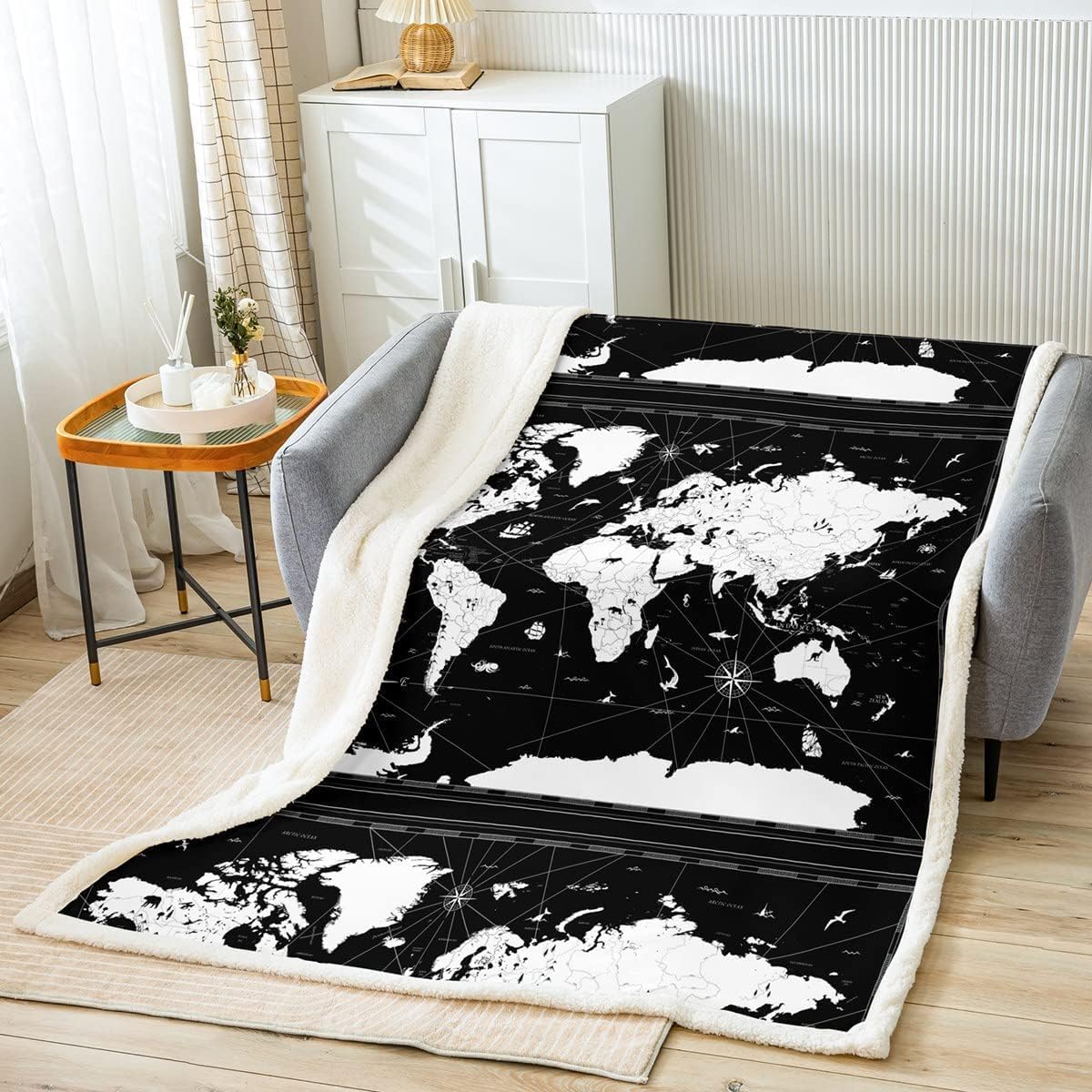 Erosebridal Nautical Theme Travel Blanket World Map Fleece Blanket Geography Earth Global Theme Blanket Twin Black White Throw Blanket for Sofa, Campus Sailboat Bedroom Decor for Boys Girls Men Women
