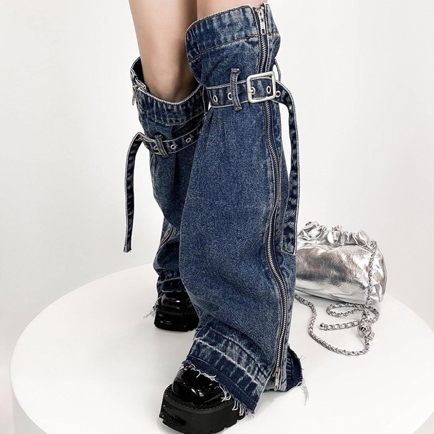 Leg Warmers, Women Washed Jean Leg Warmer with Buckled Straps Punk Denims Flared Boot Side Zippers Long Socks