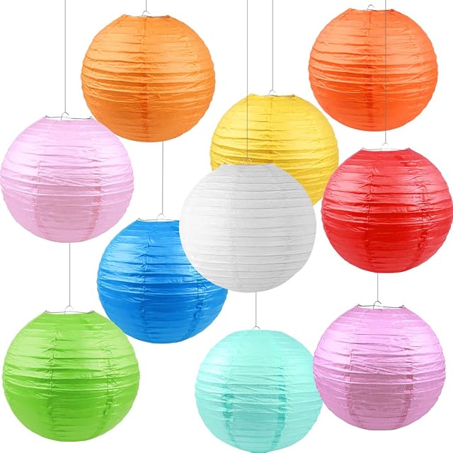 WEONE 10pcs Paper Lanterns, 12" Chinese Round Lanterns Hanging Garden Paper Lanterns Foldable Ball Lanterns with Assorted Colors for Birthday Baby Shower Wedding Party Home Ceiling Decoration