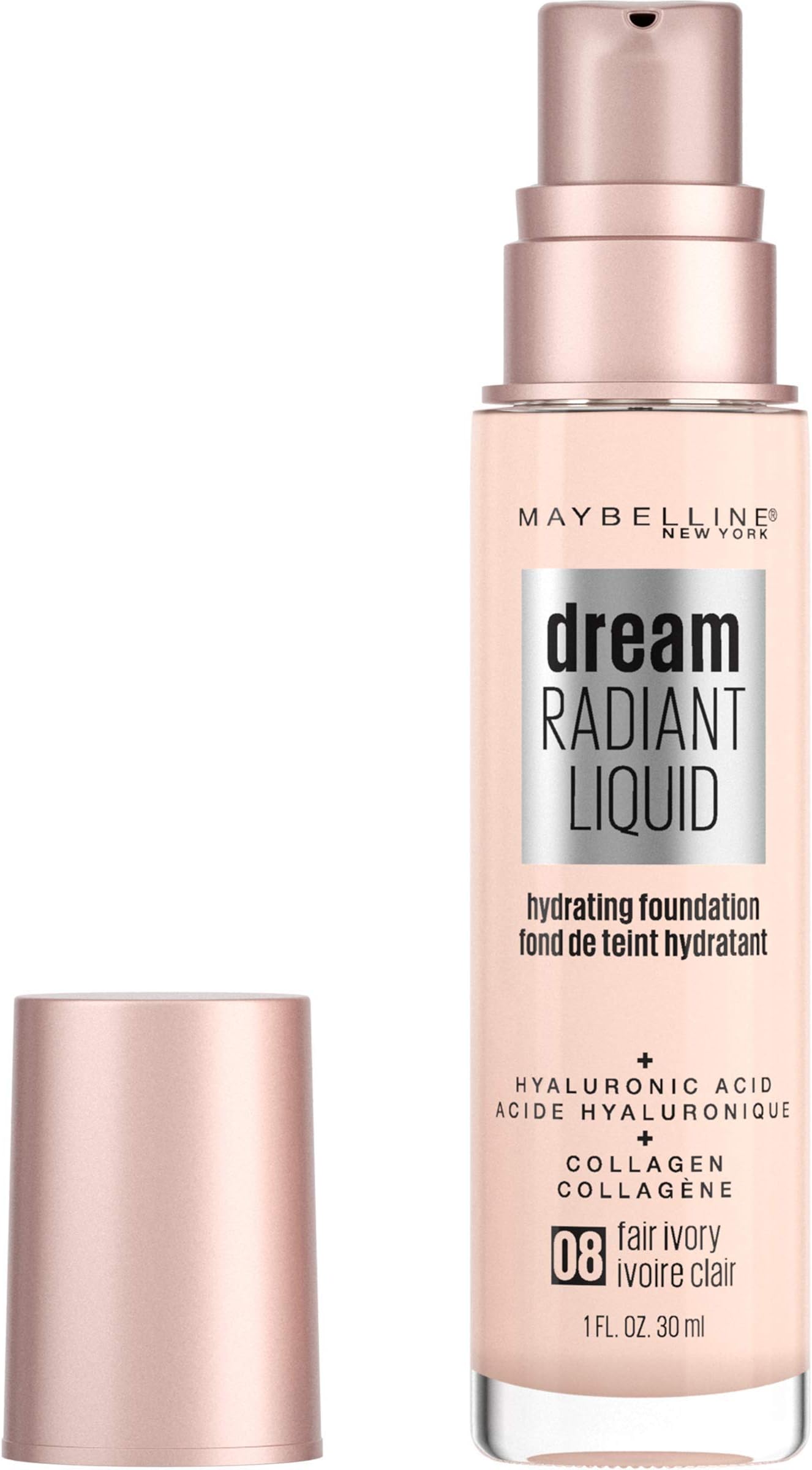 Maybelline Dream Radiant Liquid Medium Coverage Hydrating Makeup, Lightweight Liquid Foundation, Fair Ivory, 1 Count
