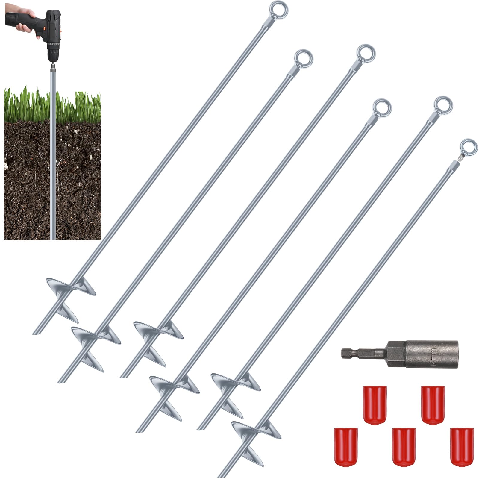 6 Pcs 30 Inch Long Spiral Ground Anchor Heavy Duty for Hard Soil (Silver)