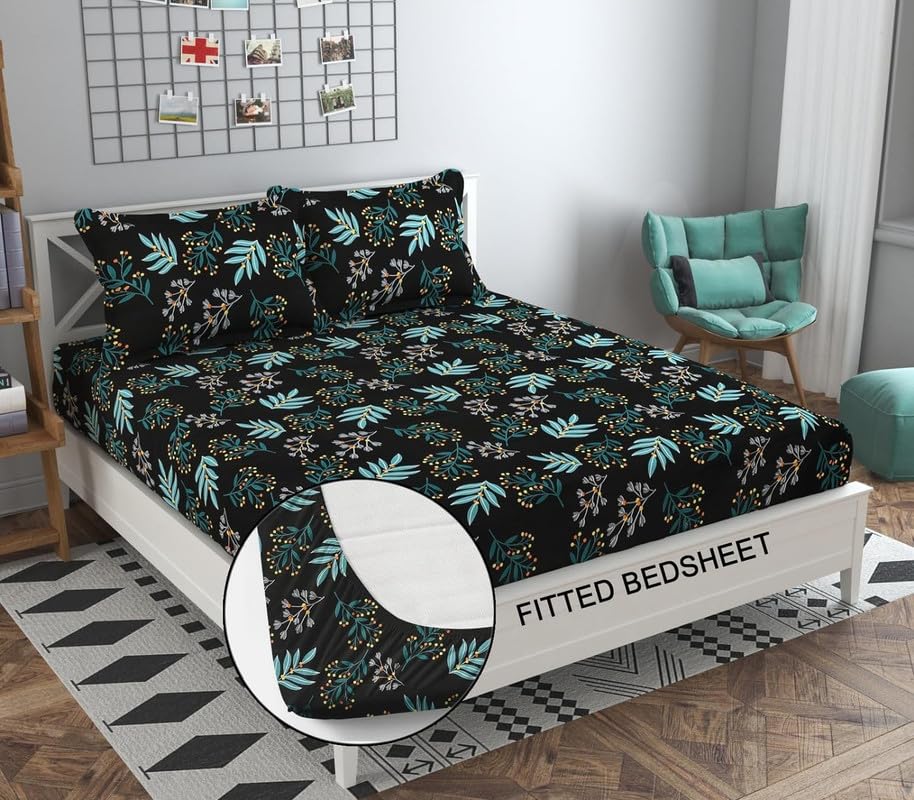 Image of Avinya Cotton Single Size Elastic Fitted Single Bedsheet (72x48x6) with 1 Pillow Covers (Flower on Grey)