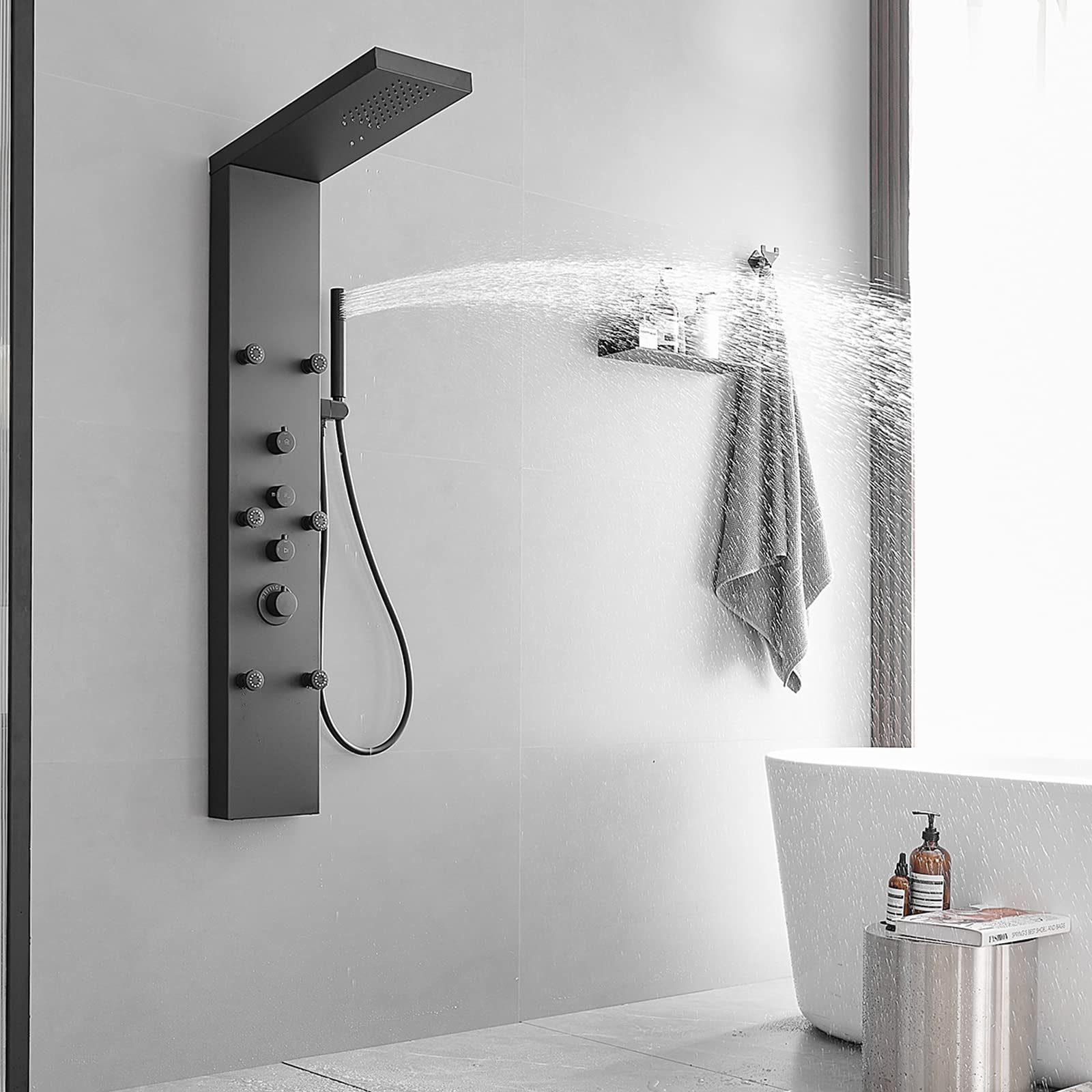 Greenspring Black Shower Panel Tower System with Rainfall Shower