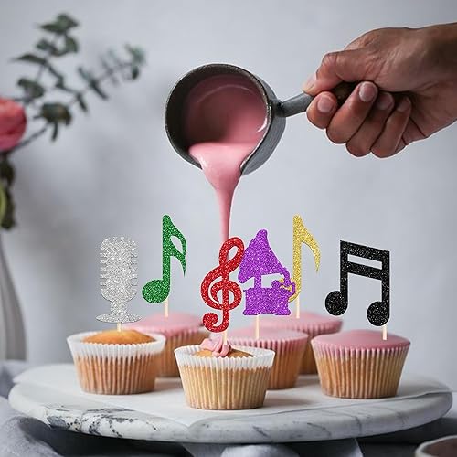 Vista 5 de Rsstarxi Paquete de 24 adornos para magdalenas, micrófono con purpurina, símbolos musicales, selecciones de cupcakes, música rock, concierto, tema