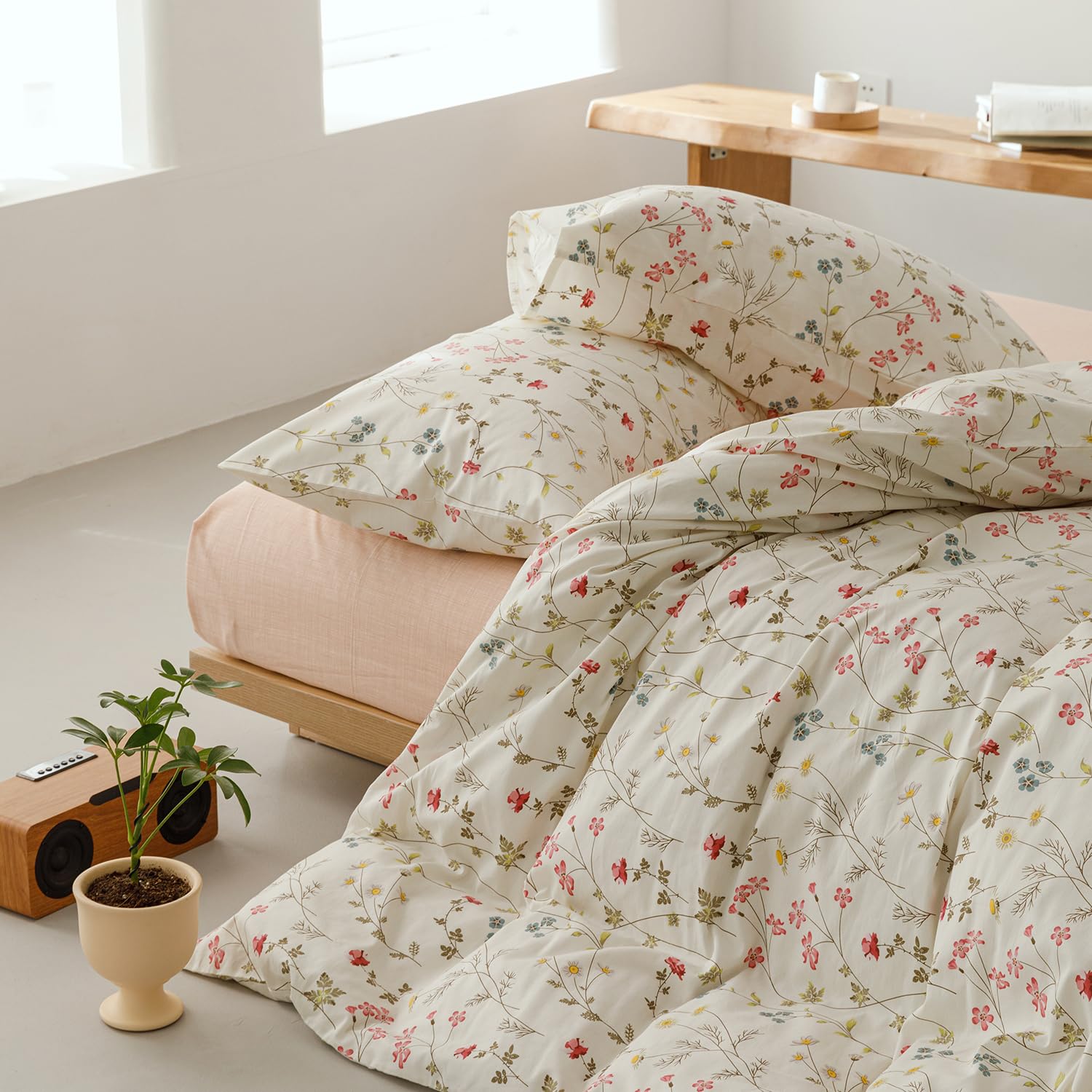 Luowei Mädchen Blumen Bettwäsche 135x200 cm Baumwolle Beige Weich Aesthetic Bettbezug Sommer Bunt Blumen Muster 100% Baumwolle Bettwäsche Sets mit Reißverschluss und 1 Kissenbezug 80x80cm